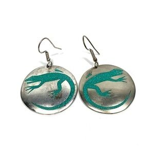 Alpaca Mexico Earrings Dangles Artisan Vintage Lizard Inlaid Turquoise
